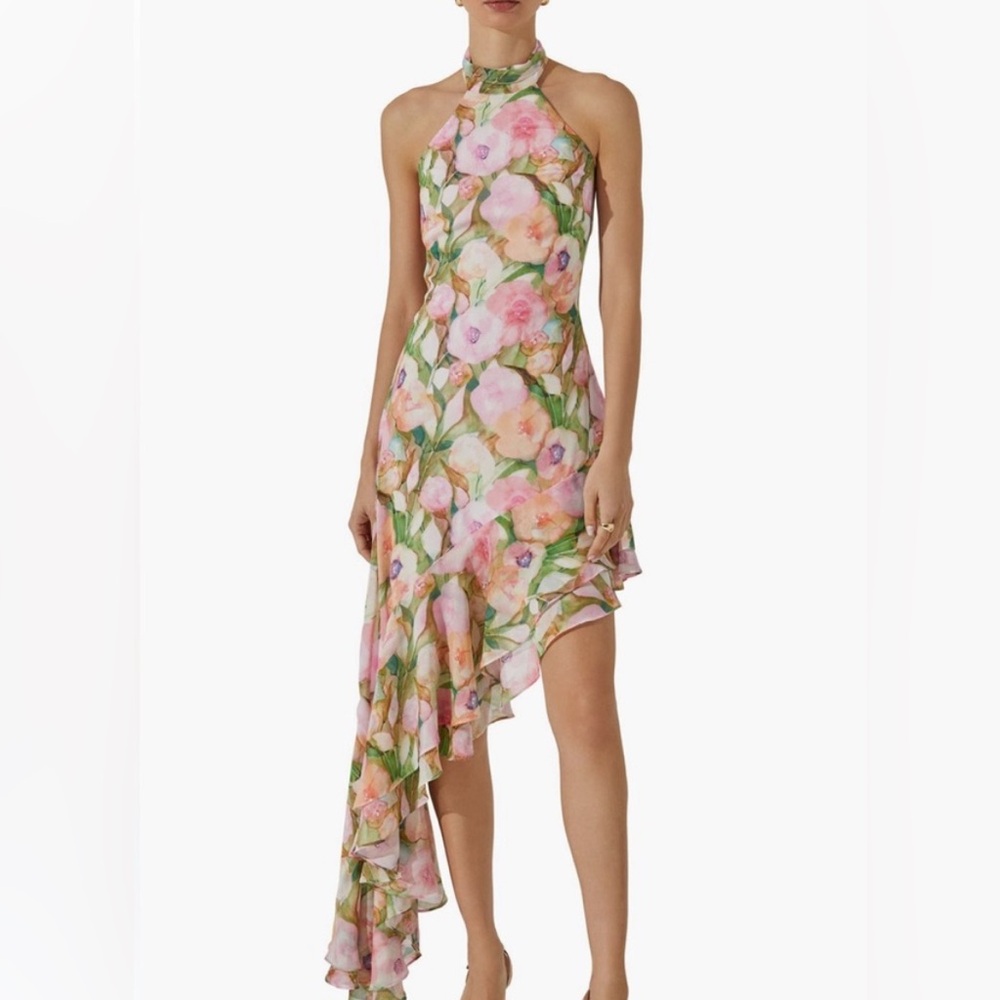 ASTR The Label Pink and Green Floral Halter Asymmetrical Dress
